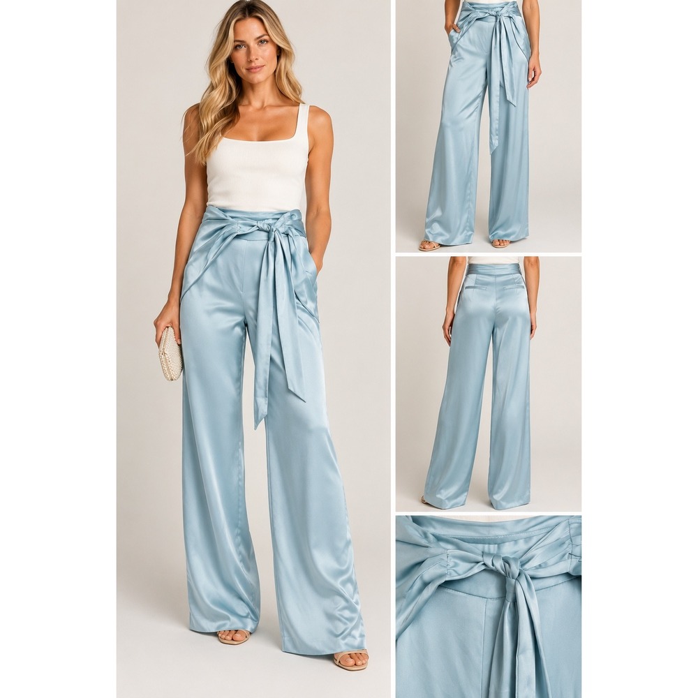 Ramy Brook Margo Pant Sz 16 Light Blue Satin Wide Leg Tie Waist Luxury New $385